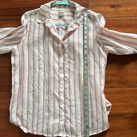 Chicos Linen No Iron Button Shirt Size 1 US M Multicolor Metallic Stripe Medium - Picture 7 of 8